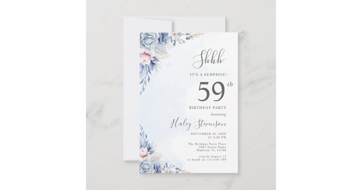 Watercolor Dusty Blue Surprise 59th Birthday Party Invitation | Zazzle