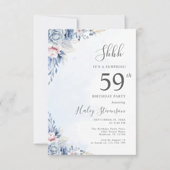 Watercolor Dusty Blue Surprise 59th Birthday Party Invitation | Zazzle