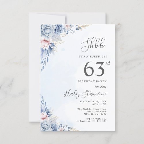 Watercolor Dusty Blue Surprise 63rd Birthday Party Invitation