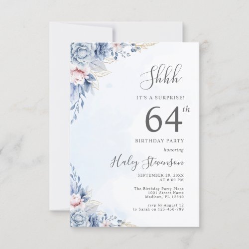 Watercolor Dusty Blue Surprise 64th Birthday Party Invitation
