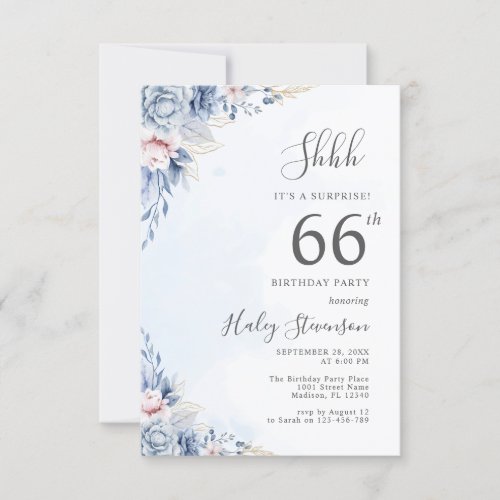 Watercolor Dusty Blue Surprise 66th Birthday Party Invitation