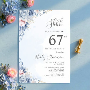Watercolor Dusty Blue Surprise 67th Birthday Party Invitation