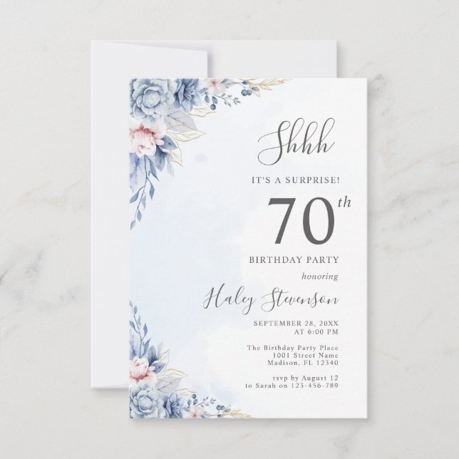 Watercolor Dusty Blue Surprise 70th Birthday Party Invitation (Front)