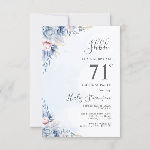 Watercolor Dusty Blue Surprise 71st Birthday Party Invitation