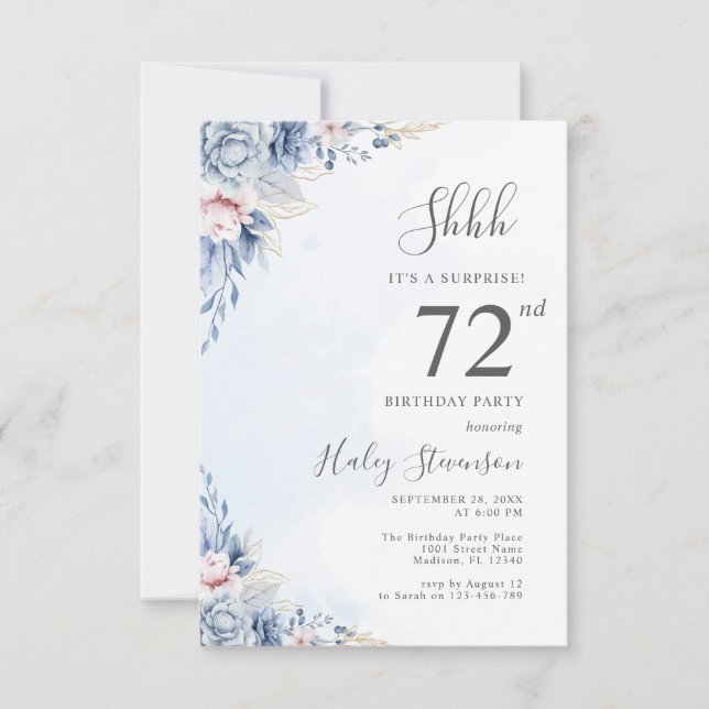 Watercolor Dusty Blue Surprise 72nd Birthday Party Invitation (Front)