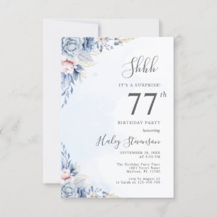 Watercolor Dusty Blue Surprise 77th Birthday Party Invitation