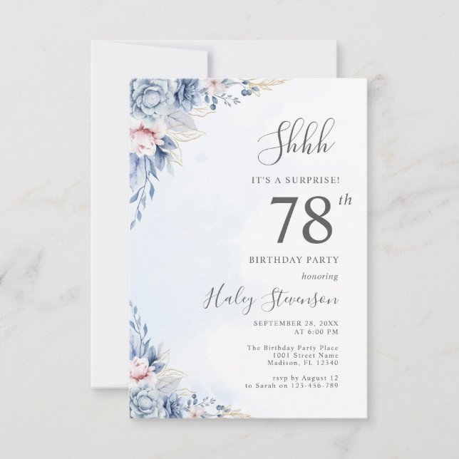Watercolor Dusty Blue Surprise 78th Birthday Party Invitation (Front)