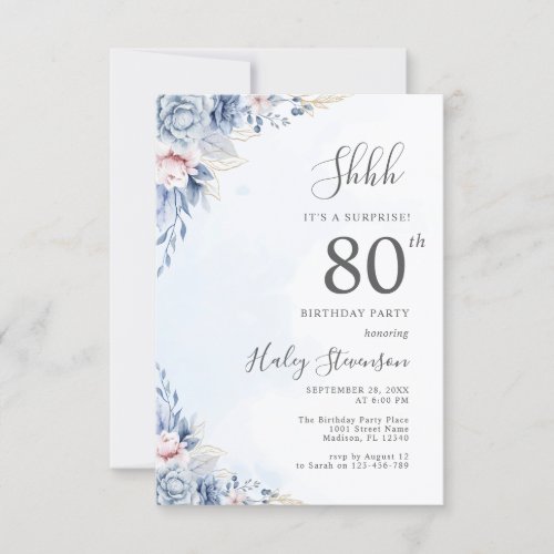Watercolor Dusty Blue Surprise 80th Birthday Party Invitation