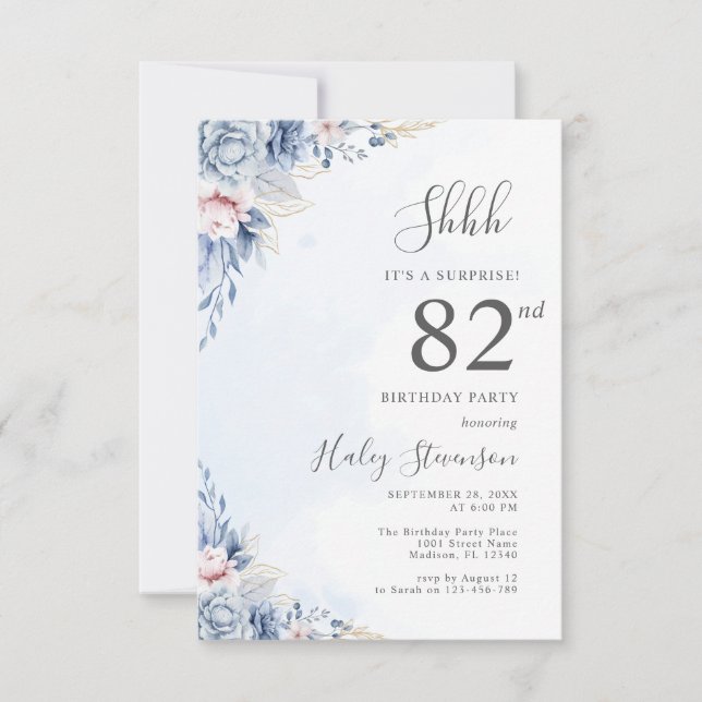 Watercolor Dusty Blue Surprise 82nd Birthday Party Invitation (Front)