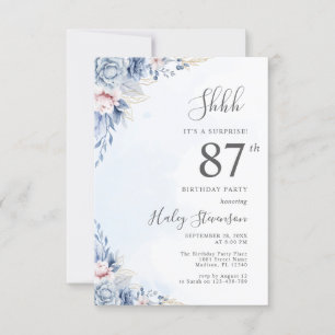 Watercolor Dusty Blue Surprise 87th Birthday Party Invitation