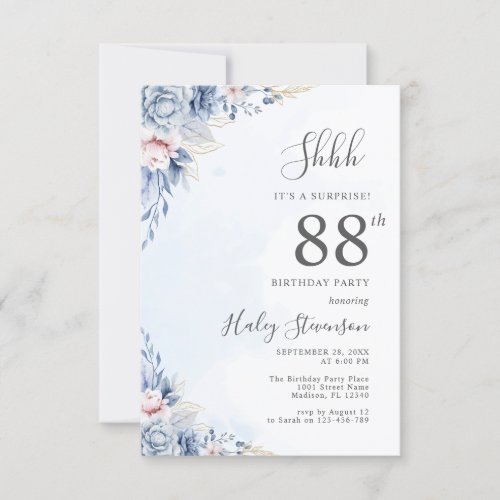 Watercolor Dusty Blue Surprise 88th Birthday Party Invitation