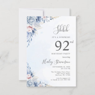 Watercolor Dusty Blue Surprise 92nd Birthday Party Invitation