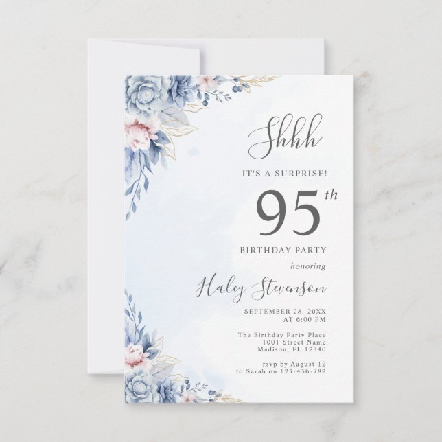 Watercolor Dusty Blue Surprise 95th Birthday Party Invitation (Front)