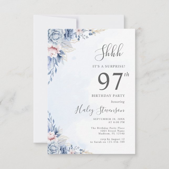 Watercolor Dusty Blue Surprise 97th Birthday Party Invitation (Front)