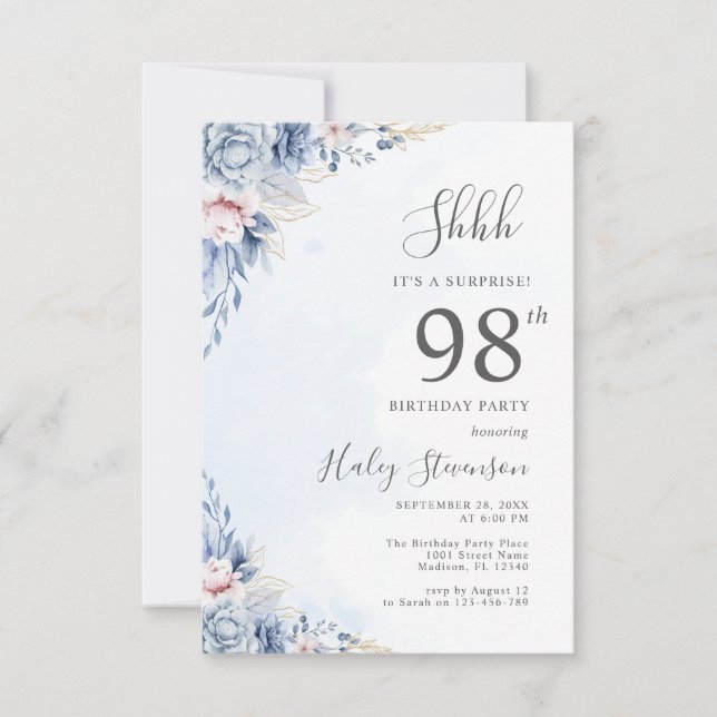 Watercolor Dusty Blue Surprise 98th Birthday Party Invitation (Front)