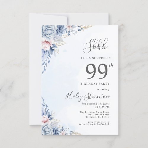 Watercolor Dusty Blue Surprise 99th Birthday Party Invitation