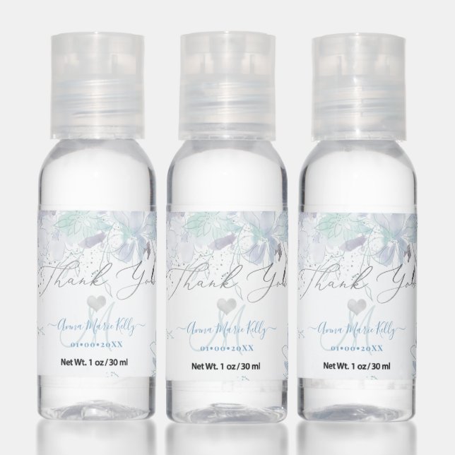 Watercolor Dusty Blue Sweet Peas Thank You Hand Sanitizer (Set)
