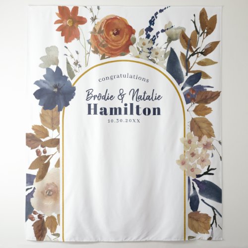Watercolor Dusty Blue Terracotta Floral Wedding Tapestry