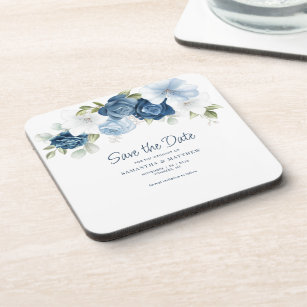 Watercolor Dusty Blue Wedding Save the Date Beverage Coaster