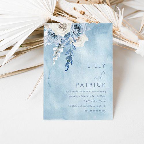 Watercolor Dusty Blue  White Floral Wedding Invitation