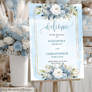 Watercolor Dusty Blue White Flowers Gold Wedding Foam Board