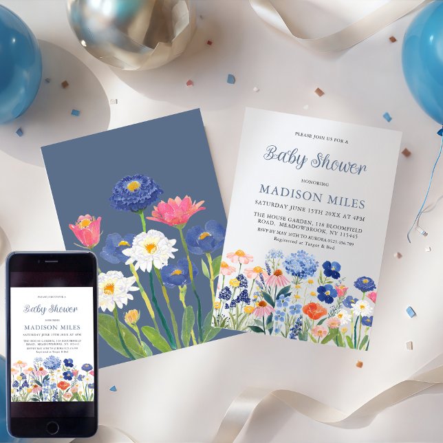 Watercolor Dusty Blue Wildflower Baby in Bloom  Invitation (Creator Uploaded)