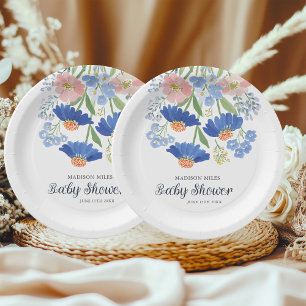 Watercolor Dusty Blue Wildflower Bouquet Baby Show Paper Plates