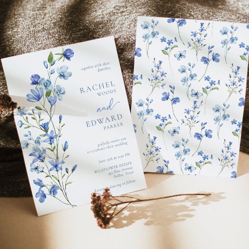 Watercolor Dusty Blue Wildflower Wedding Invitation