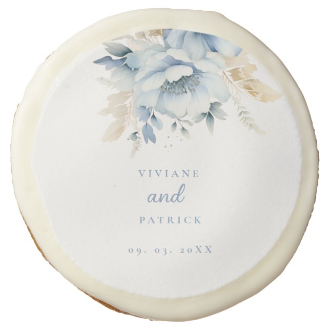 Watercolor dusty blue wildflower wedding sugar cookie (Front)