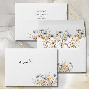 Watercolor Dusty Blue Wildflowers Elegant Wedding Envelope