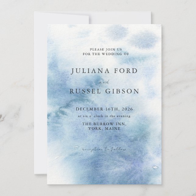 Watercolor Dusty Blue Winter Wedding Invitation (Front)