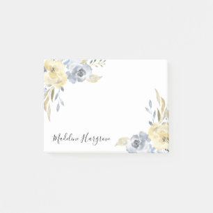 Watercolor Dusty Blue & Yellow Floral Personalized Post-it Notes
