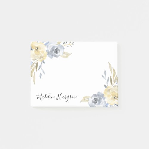 Watercolor Dusty Blue  Yellow Floral Personalized Post_it Notes