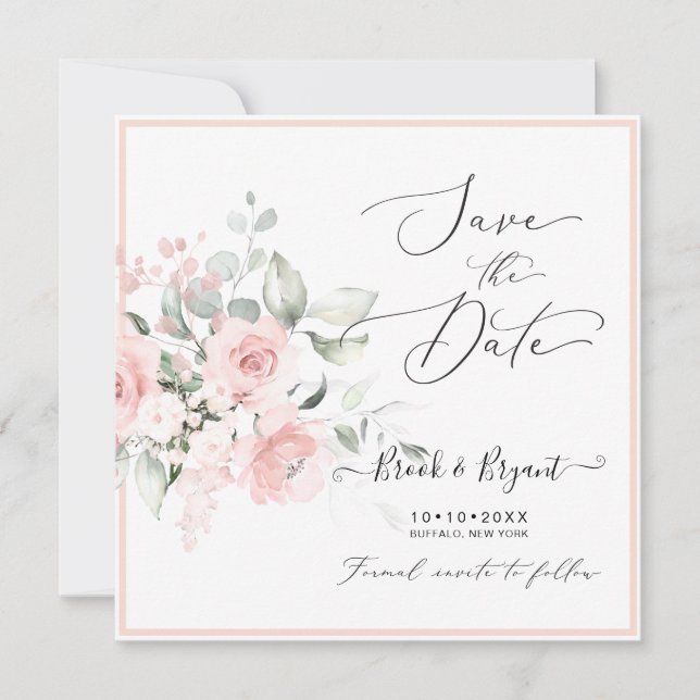 Watercolor Dusty Blush Pink Roses Save the Date Invitation (Front)