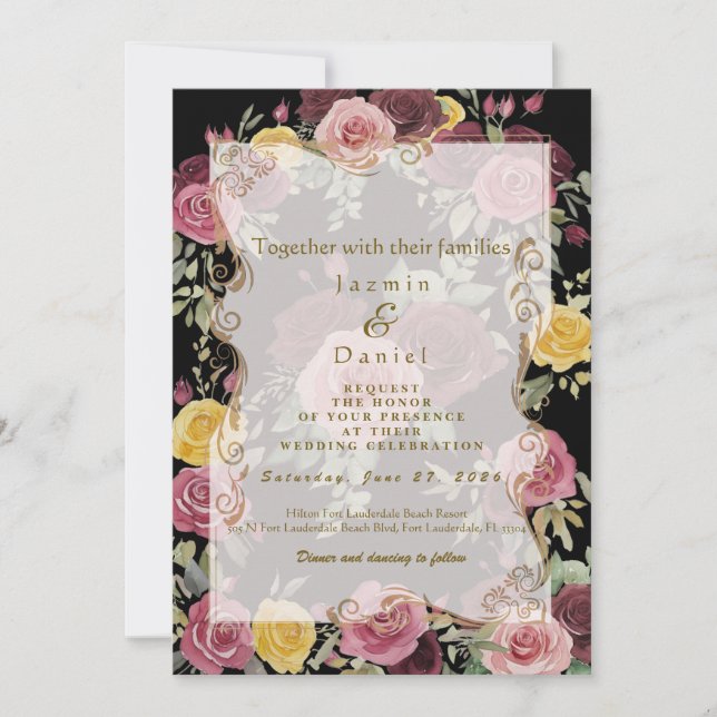 Watercolor Dusty Burgundy Yellow Roses/BlackFlat Invitation (Front)