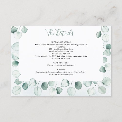 Watercolor Dusty Eucalyptus Leaf Wedding Details Enclosure Card