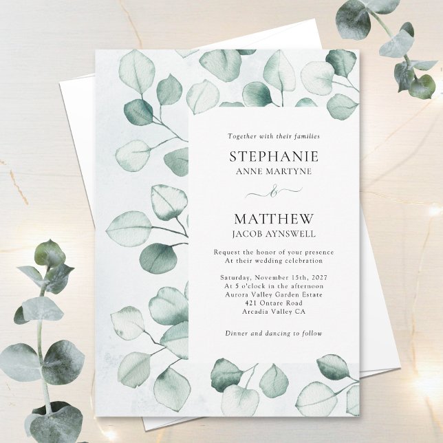 Watercolor Dusty Eucalyptus Leaves Border Wedding Invitation (Creator Uploaded)
