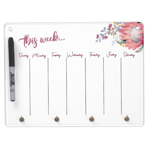 Watercolor Dusty Floral Weekly Calendar Dry Erase Board With Keychain Holder
