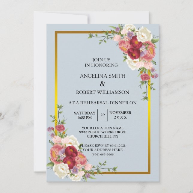 Watercolor Dusty Gray Gold Blush Peach Wedding Invitation (Front)