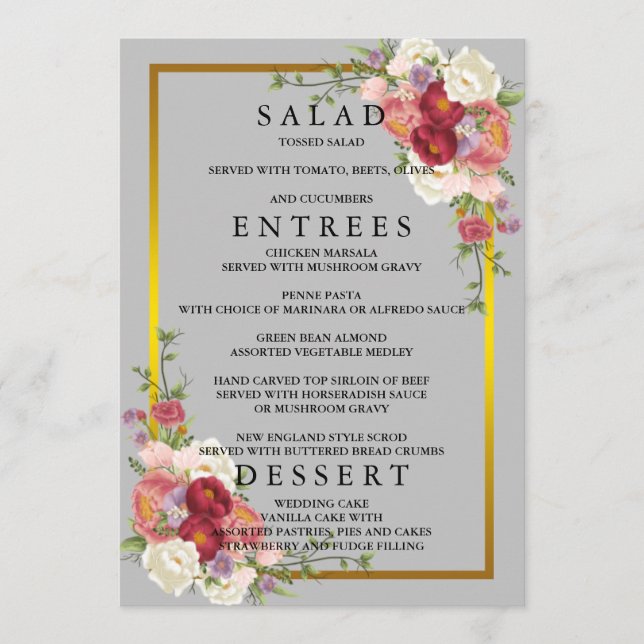 Watercolor Dusty Gray Gold Blush Peach Wedding Men Menu (Front)