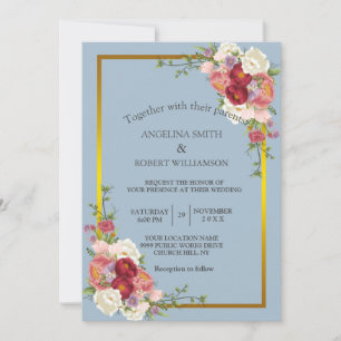 Watercolor Dusty Gray Gold Blush Pink Peach Floral Invitation