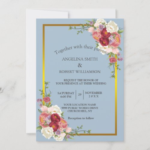 Watercolor Dusty Gray Gold Blush Pink Peach Floral Invitation