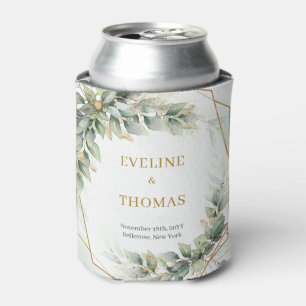 Watercolor dusty green and gold glitter wedding can cooler