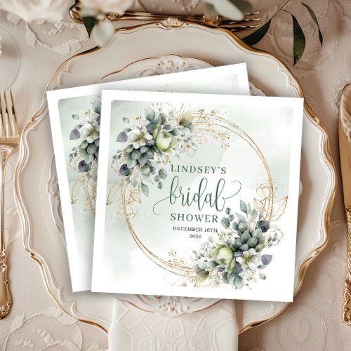 Watercolor Dusty Green Bridal Shower Party Napkins