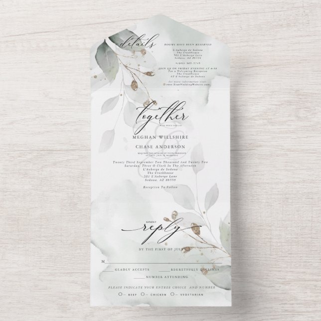 Watercolor Dusty Green Foliage All In One Invitation (Inside)