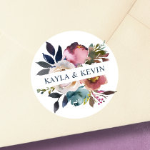 Watercolor Dusty Mauve Rose Blue Floral Wedding Classic Round Sticker