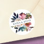Watercolor Dusty Mauve Rose Blue Floral Wedding Classic Round Sticker