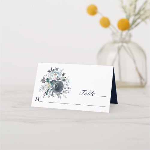 Watercolor Dusty Navy Blue Floral Wedding Place Card