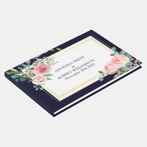 Watercolor Dusty Navy Gold Blush Peach Wedding Gue Guest Book