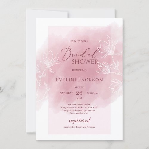 Watercolor dusty pink powder floral bridal shower invitation